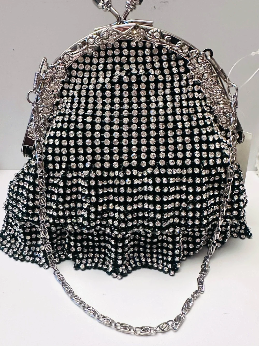 Hollywood Glamor Black/Silver & Rhinestone Skirted Frame Clutch/Purse/Handbag
